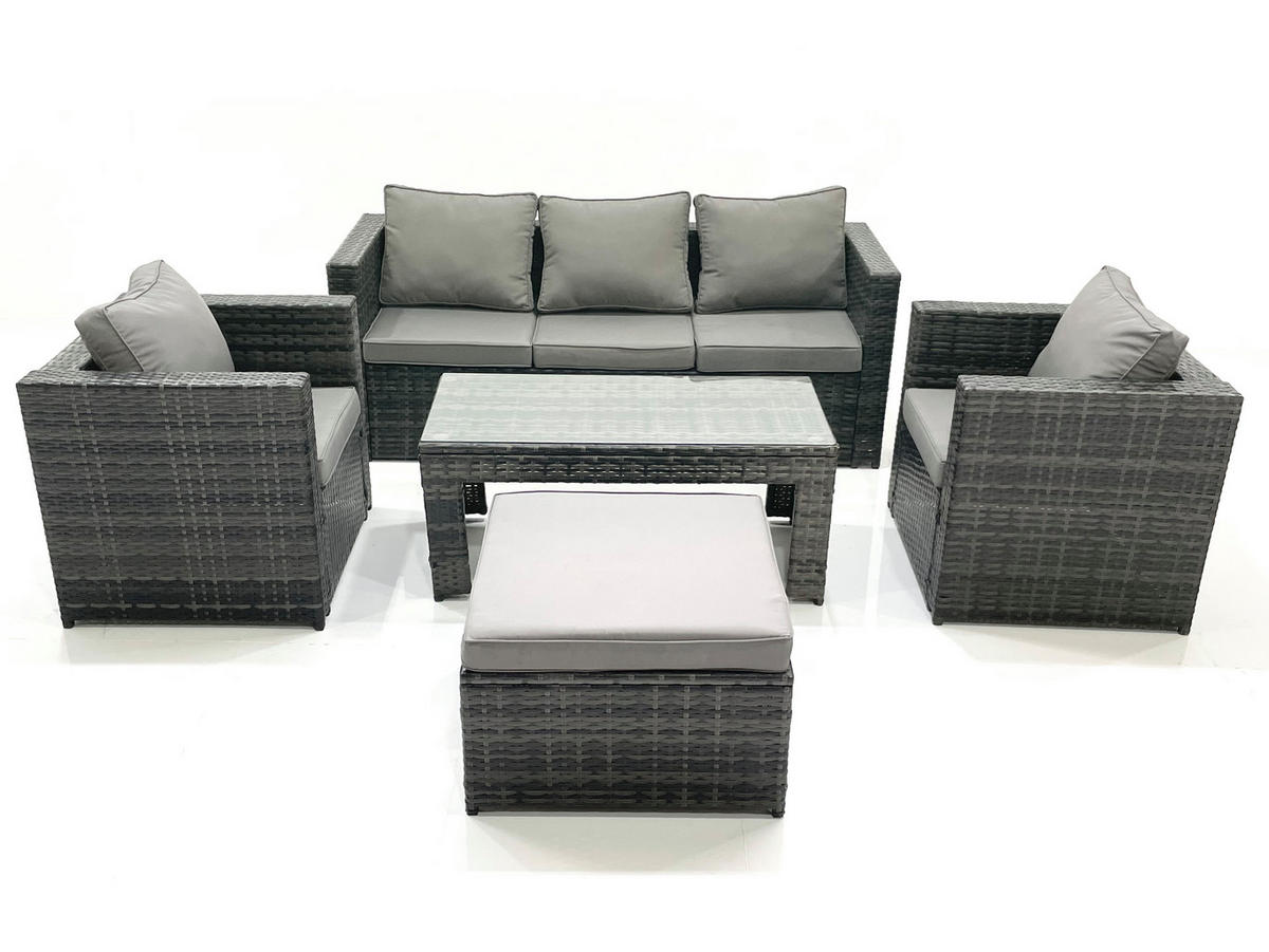 GARTENMÖBEL-SET COUCHTISCH SESSEL SOFA mit HOCKER Polyrattan Dunkelgrau Gemischt 6-Sitzer - Dunkelgrau/Grau, Glas/Kunststoff - Fimous