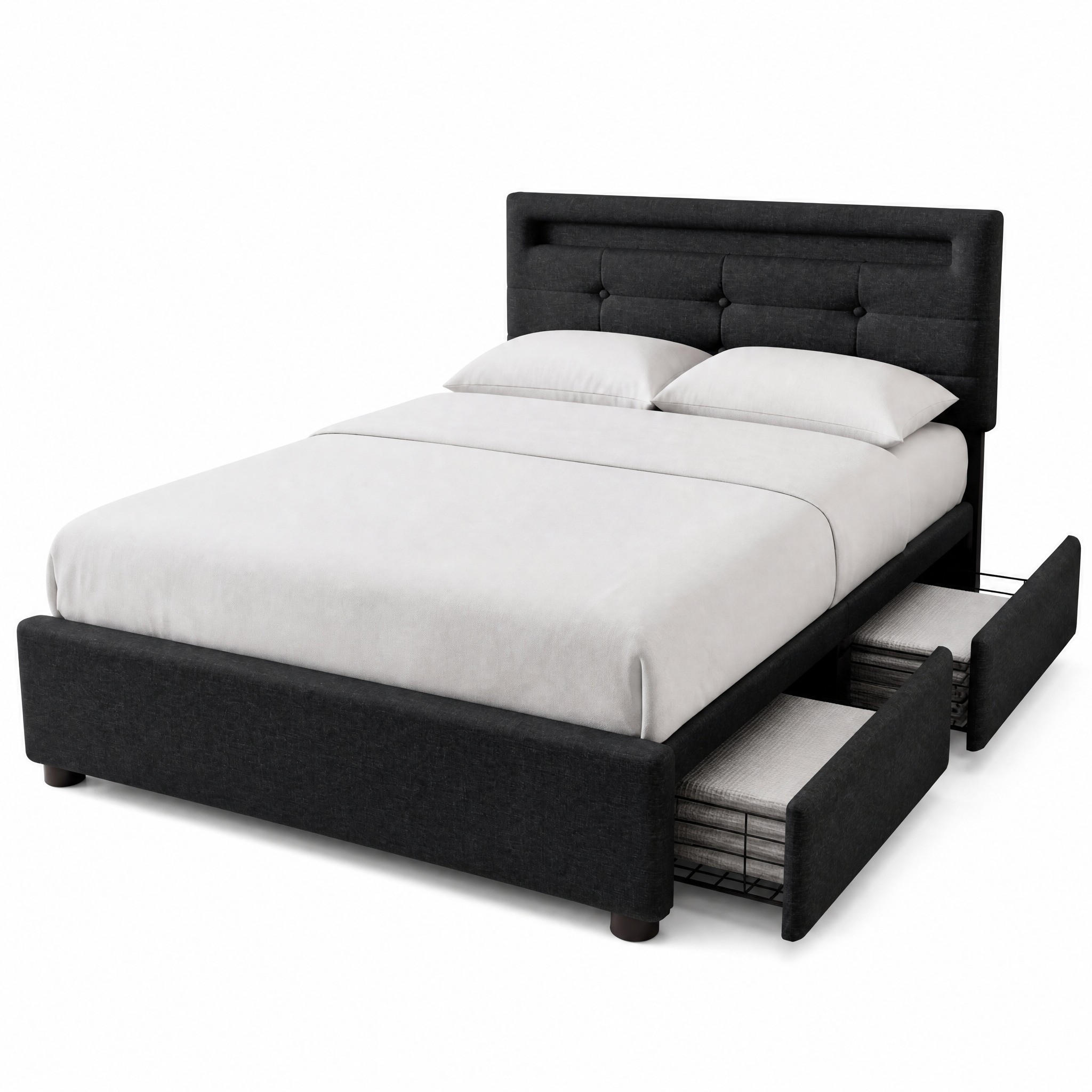 POLSTERBETT 90/200 cm in Schwarz mit 2 Schubladen, LED und Verstellbarem Kopfteil aus Leinen - Schwarz, Holzwerkstoff/Textil (90/200cm) - STILVORA