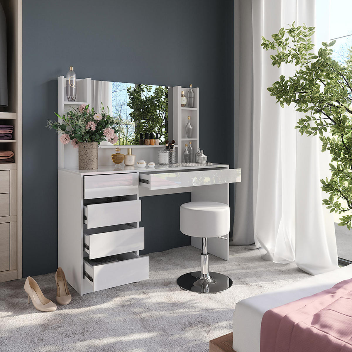 SCHMINKTISCH Sherry Weiß/Weiß Hochglanz 119.8 cm 5 Teile - Weiß Hochglanz, Holzwerkstoff (119.8/76/50.1cm) - Vicco