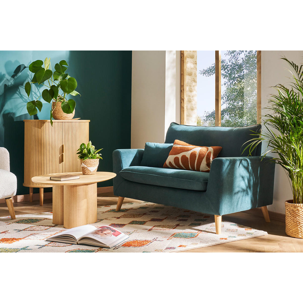 SOFA Skandinavisch Senfgelber Stoff Samteffekt Helles Holz 2-Sitzer JONAS - Gelb, Textil (129/82.5/81cm) - Miliboo