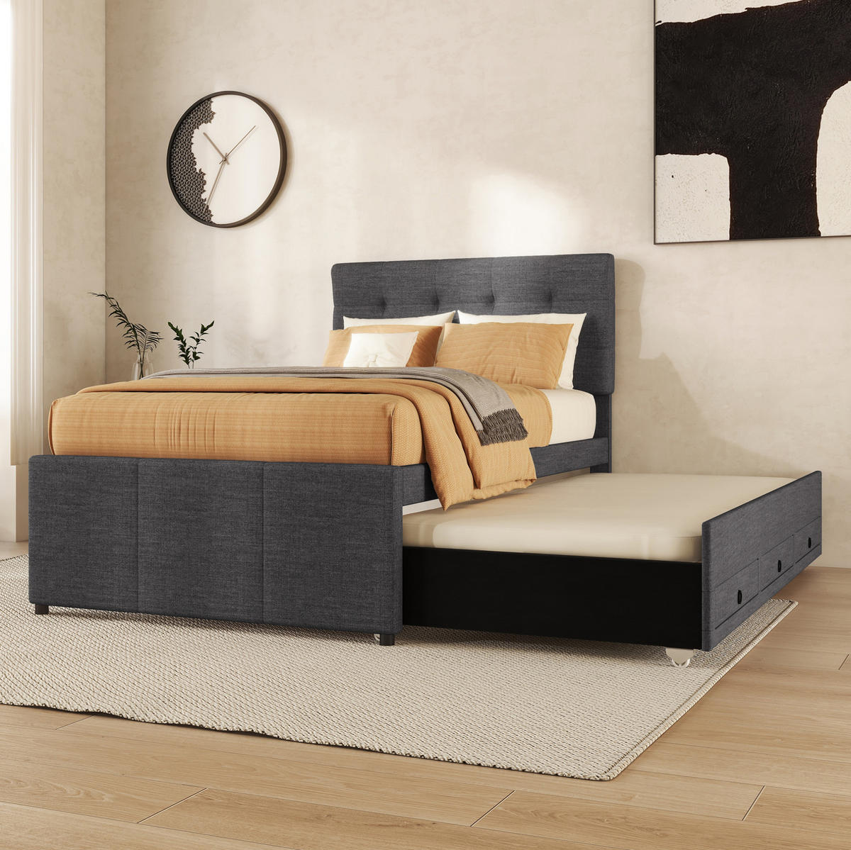 POLSTERBETT 90/200 cm mit 3 Schubladen und ausziehbarem Gästebett - Grau, Textil (90/200cm) - BEAOK