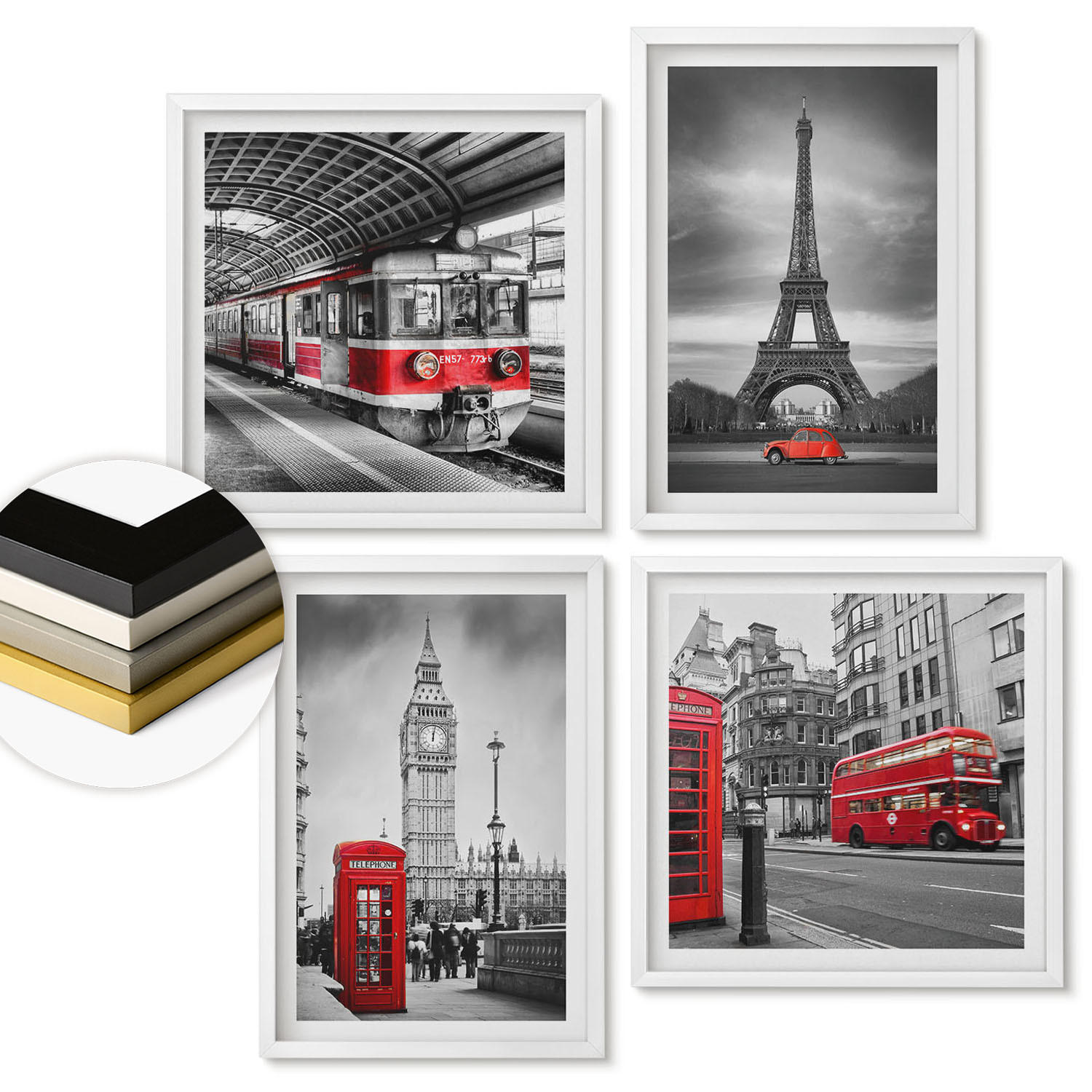 WANDBILDER 4er-Set - 50x50 cm & 40x60 cm Weißer Rahmen - Rote Busse in der Stadt - Weiß, Kunststoff (50/50cm) - ArtPrintCave