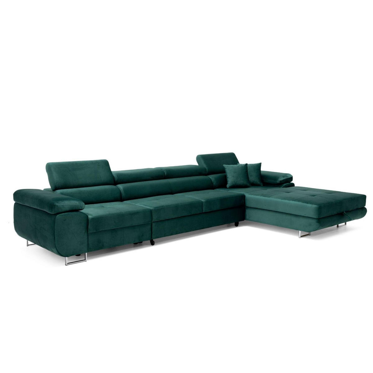 ECKSOFA ALONZO MAXI Rechts mit Schlaffunktion 125x195 Velours Grün - Silberfarben/Grün, Holz/Textil (203/350cm) - Muffo