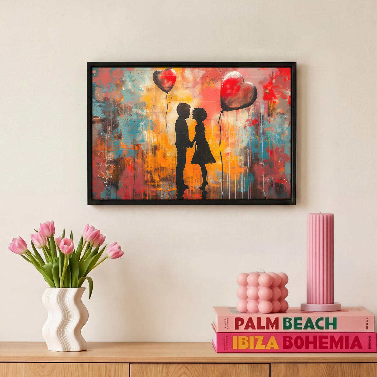 LEINWAND Bilder mit Rahmen - Straßenkunst - Liebe - Graffiti - Kunst - Banksy - 30x20 - Orange, Textil (30/20cm) - MuchoWow