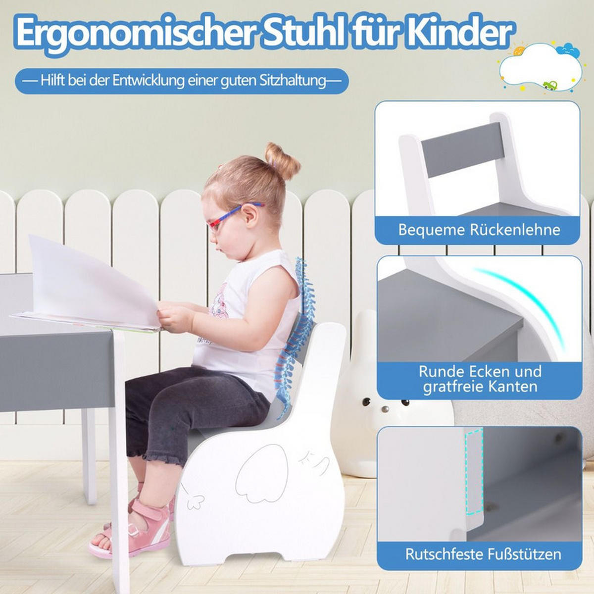 KINDERTISCH mit Stuhl hellgrau(3-tlg) - Hellgrau, Holzwerkstoff (63.5/48/61.5cm) - COSTWAY