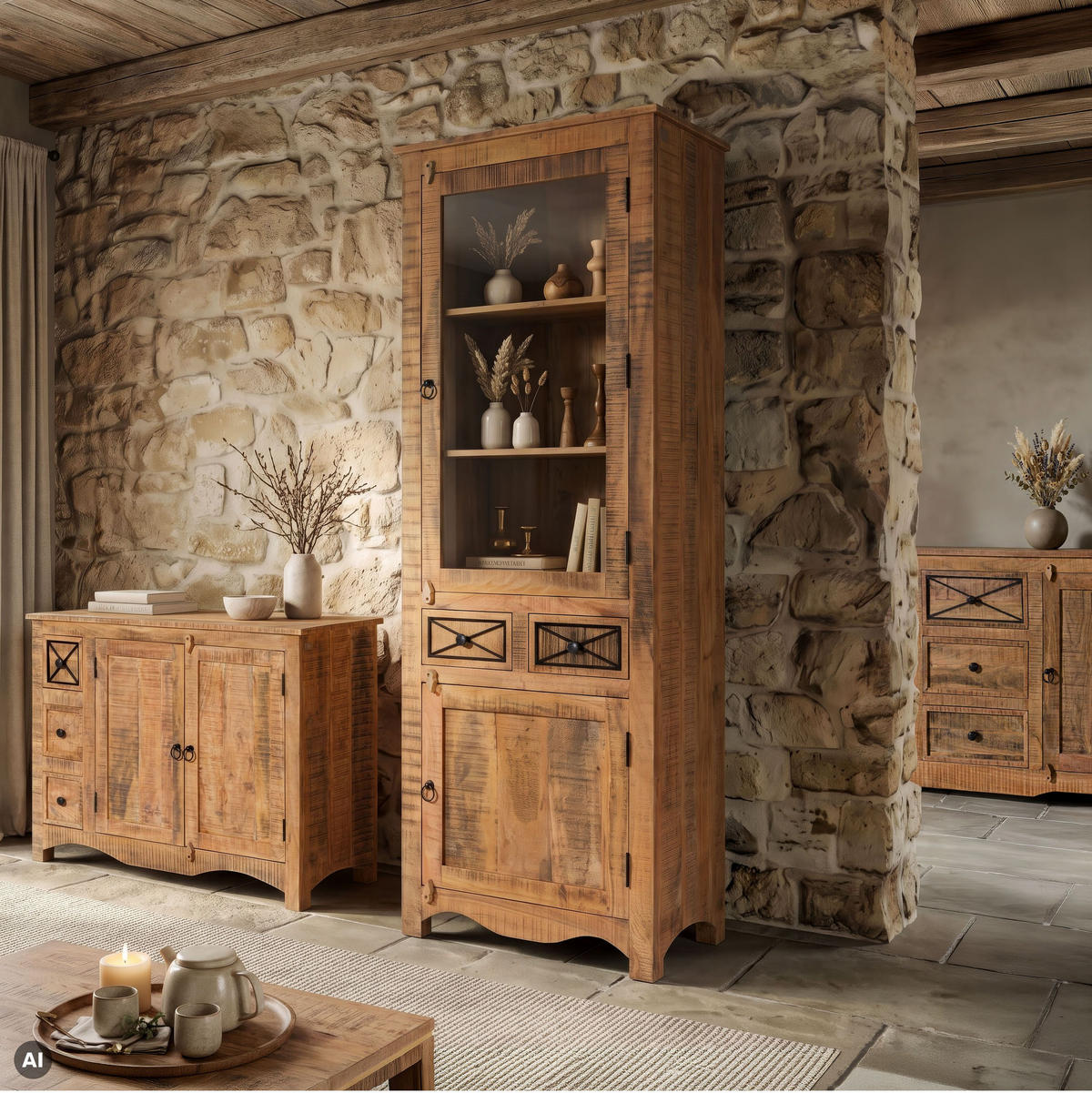 VITRINE Akazie 73x45x200 natur versiegelt NATURE OF SPIRIT #315 - Naturfarben, Holz (73/200/45cm) - Massivmoebel24