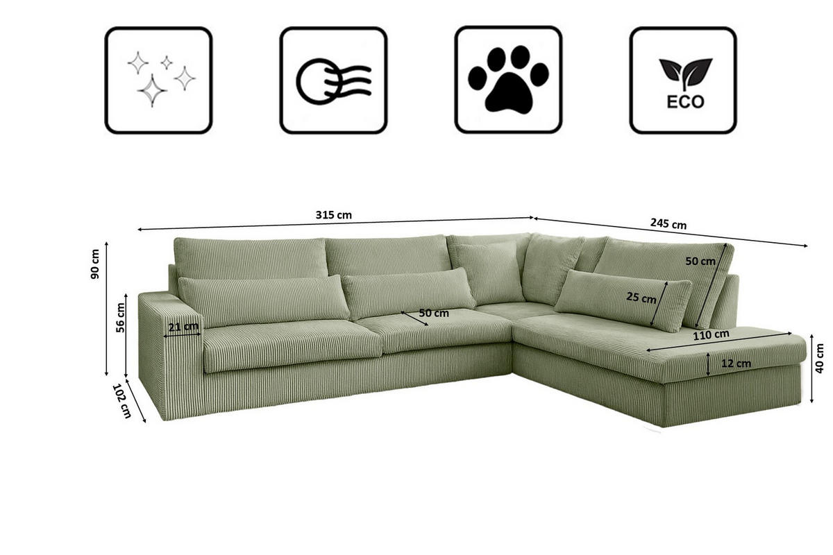 ECKSOFA L-Form SVEN Stoff Poso Hellgrün Rechts - Hellgrün, Textil (315/245cm) - Kaiser Möbel