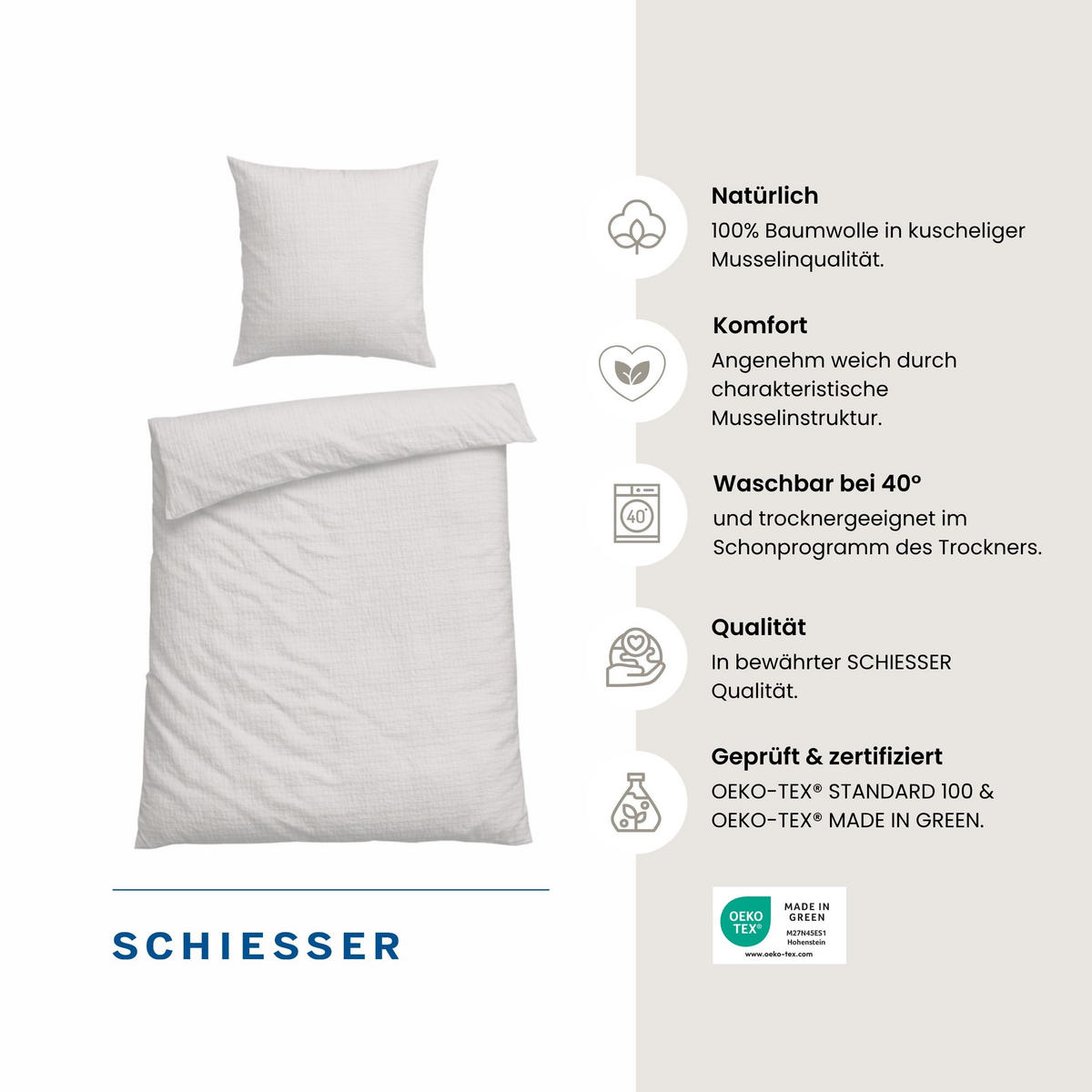 BETTWÄSCHESET Molly - Musselin - 2-teilig - 135x200 cm - Hellgrau - Hellgrau, Textil (135/200cm) - SCHIESSER