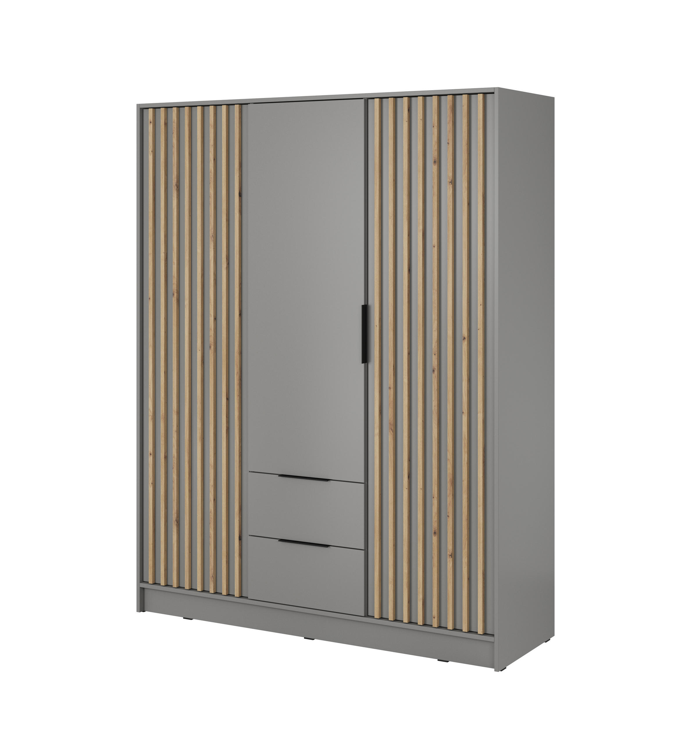 KLEIDERSCHRANK Nelly Grau, Artisan Eiche Lamellen, Schrank Dreitürige, Garderobe mit Schubladen - Grau, Holzwerkstoff (155/200/51cm) - Bettso