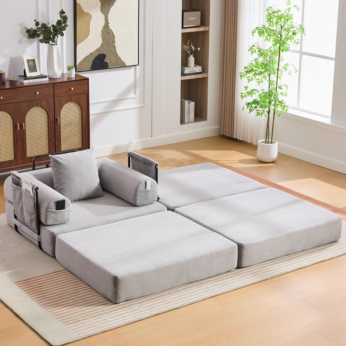 SOFA modular mit Hocker 112 x 190 cm Cord Hellgrau - Hellgrau, Kunststoff (190/67/112cm) - Meubliv