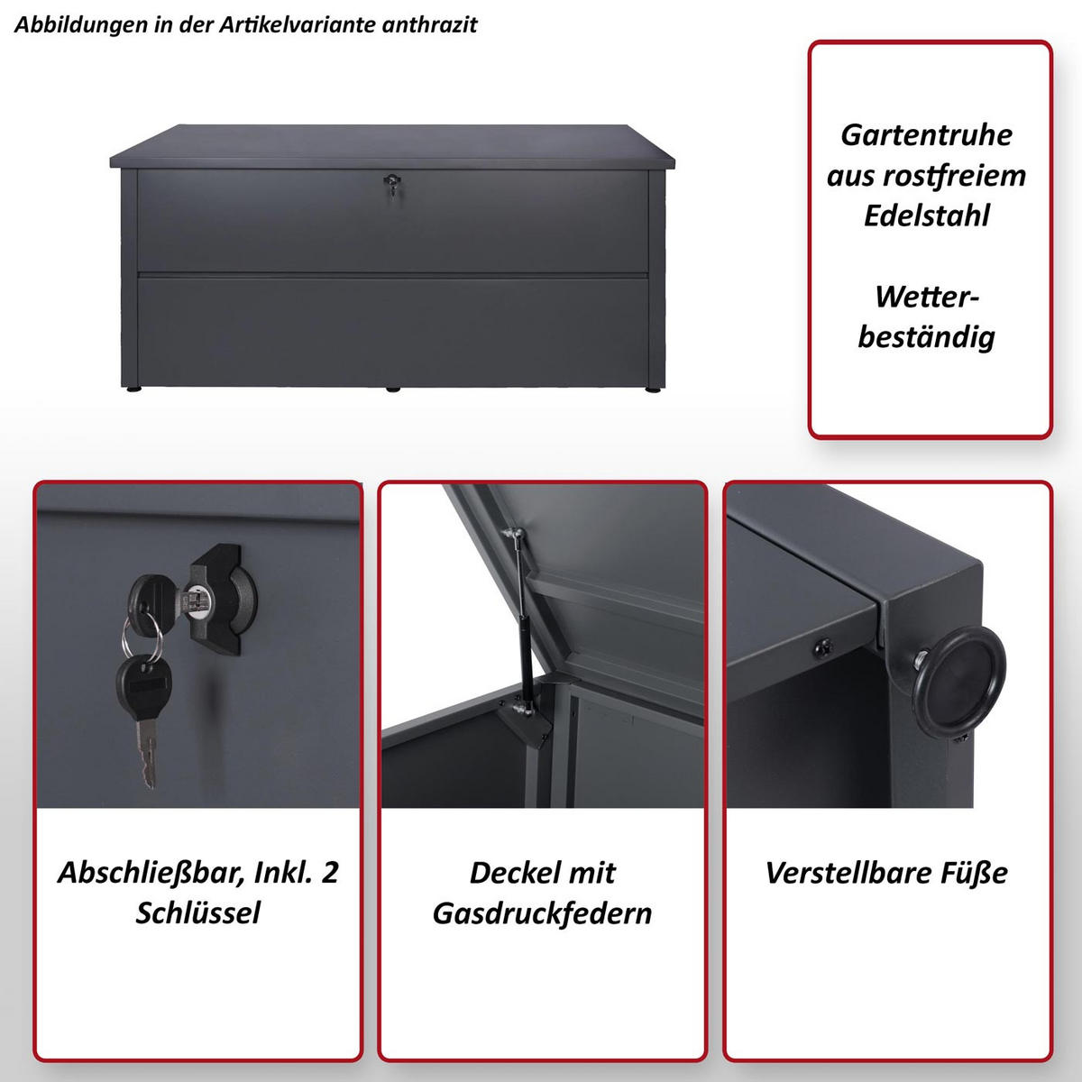 GARTENTRUHE ABSCHLIEßBAR eckig Anthrazit - Anthrazit, Metall (165/69/85cm) - MCW