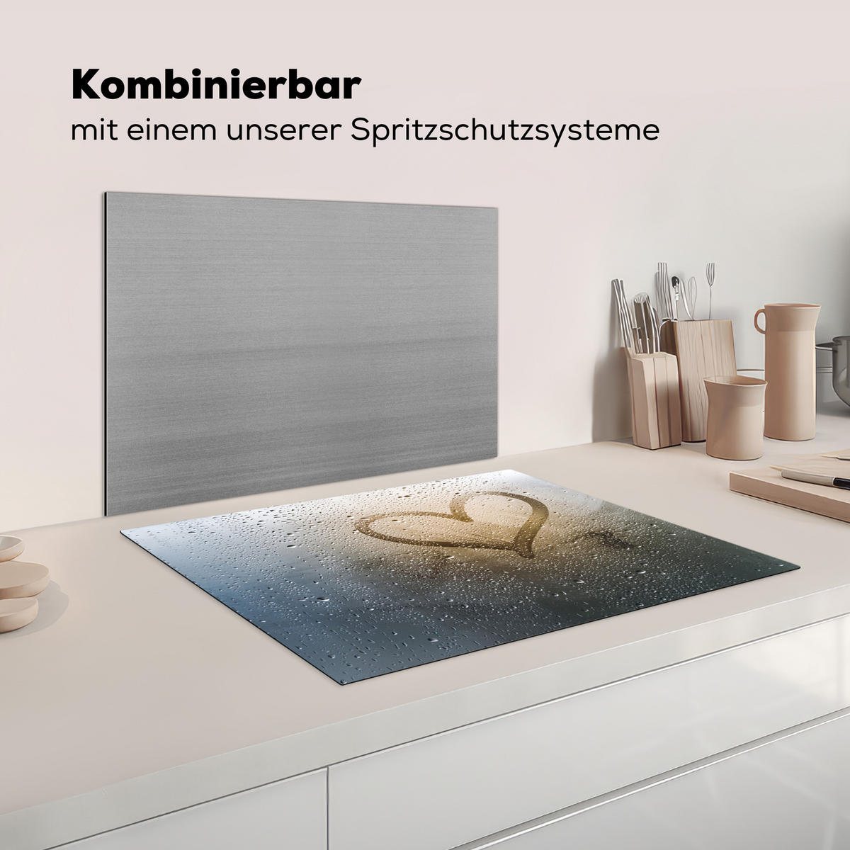 HERDABDECKPLATTE Herz - Kondenswasser - Wasser - 3D Induktionsmatte 71x52 cm - Grau, Kunststoff (71/52/0.2cm) - MuchoWow