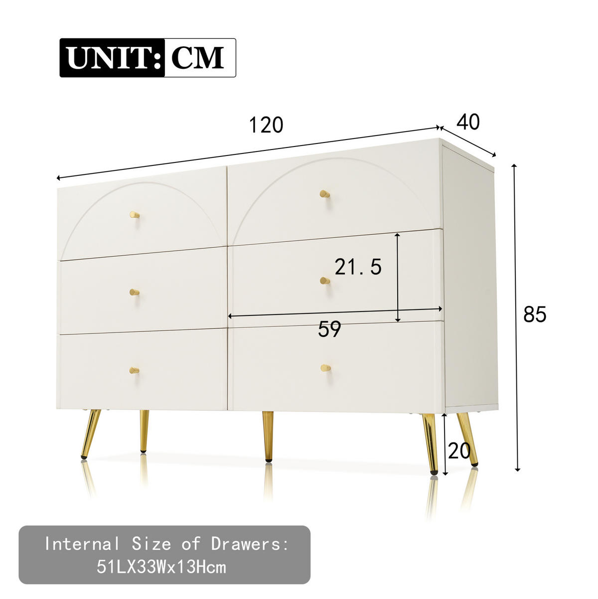 KOMMODE 120/40/85 cm aus Holzwerkstoff und Metall mit 6 Schubladen Creme-Weiß - Creme, Holz (120/40/85cm) - Modenvie