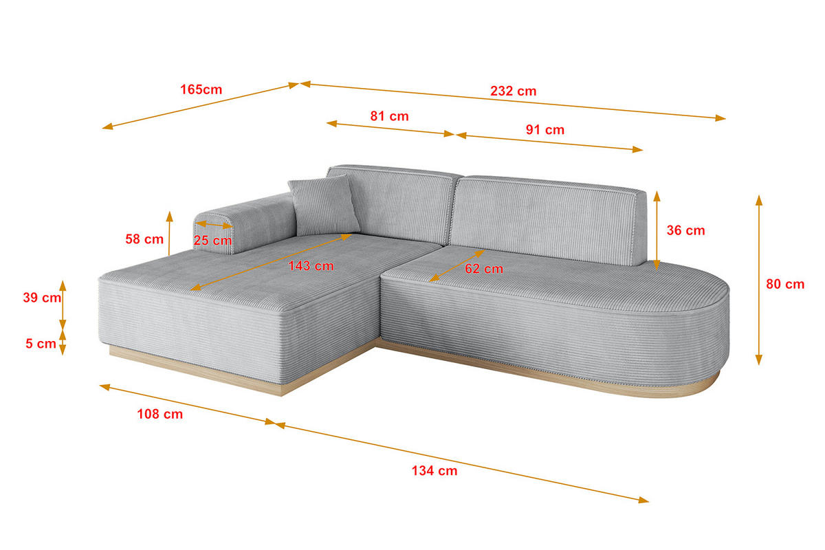 ECKSOFA Ottomane Links IREA-L1 - 232x165x80 cm Grau - Grau, Holzwerkstoff/Textil (232/165cm) - ALTDECOR