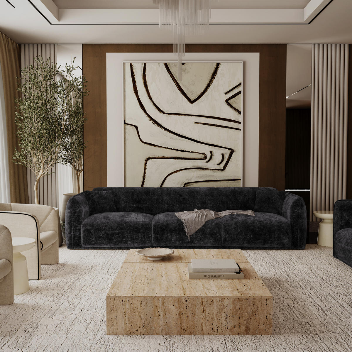 SOFA LUSH Gemusterter Samt Schwarz 235cm - Schwarz, Textil (235/80/90cm) - Premium Interiors