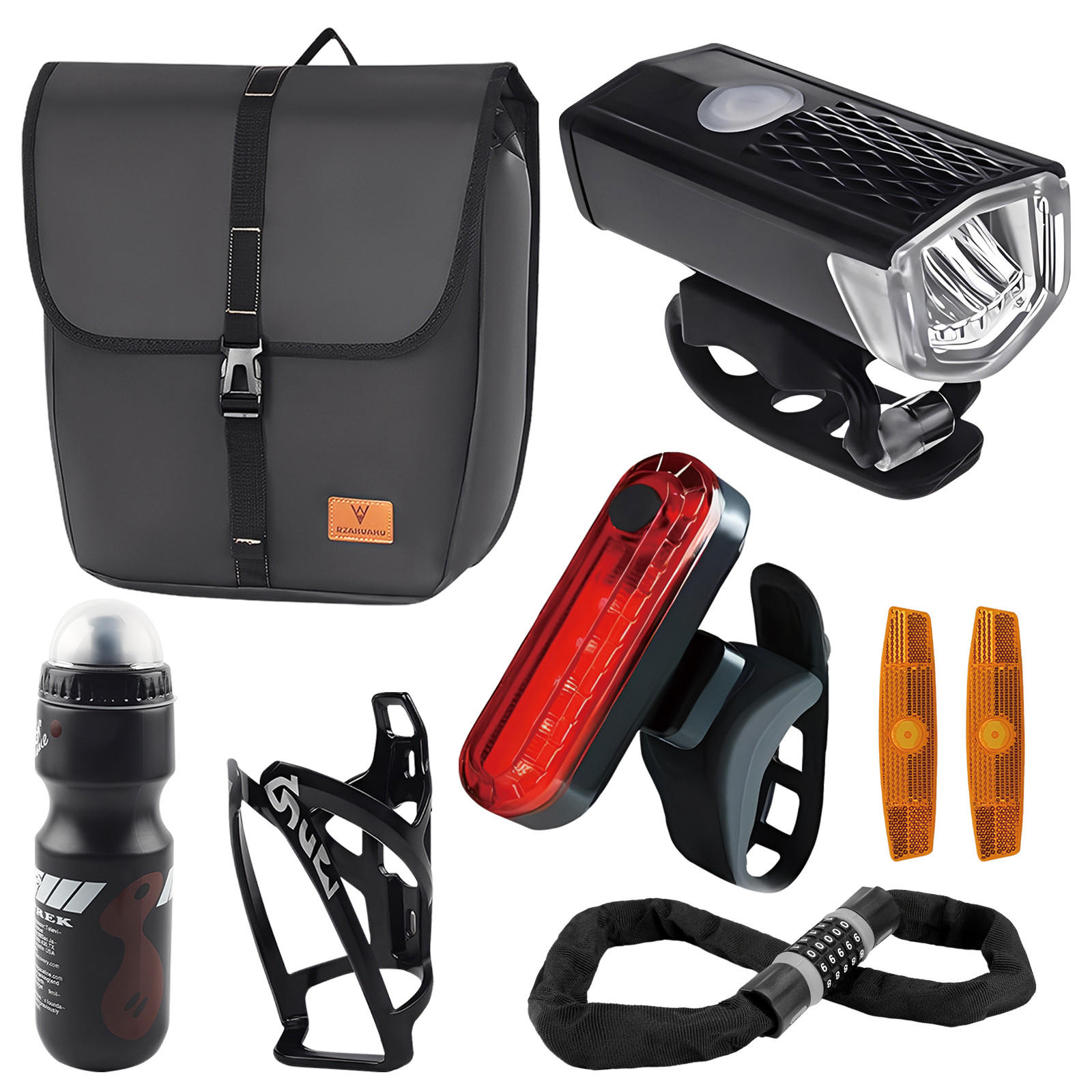 FAHRRADZUBEHÖR Set 8in1, LED-Licht, Satteltasche, Trinkflasche & Schloss - Schwarz, Textil (17/39/35cm)