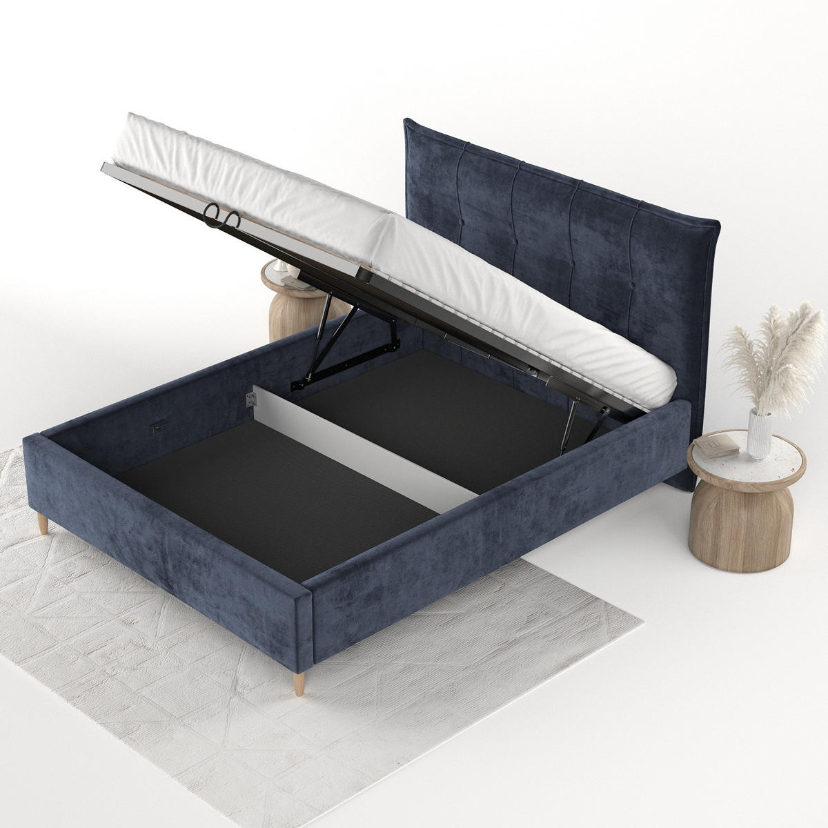 POLSTERBETT Plaza 160/200 cm Marineblau im Lotta Stoff - Naturfarben/Dunkelblau, Holz/Holzwerkstoff (160/200cm) - AltaBeds