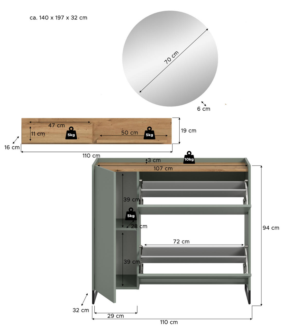 GARDEROBE Set 3-teilig in Salbei und Artisan Eiche 140 x 197 cm, Soft-Close Borga - Salbeigrün/Schwarz, Holzwerkstoff/Metall (140/197/32cm) - Inn.Furn