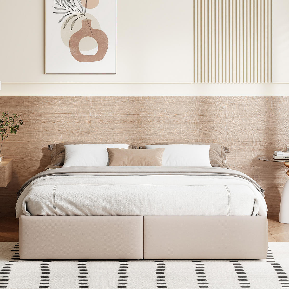 POLSTERBETT 140x200 cm Bettkasten Schubladen ohne Kopfteil beige - Beige, Holz (140/200cm) - LEBENLANG