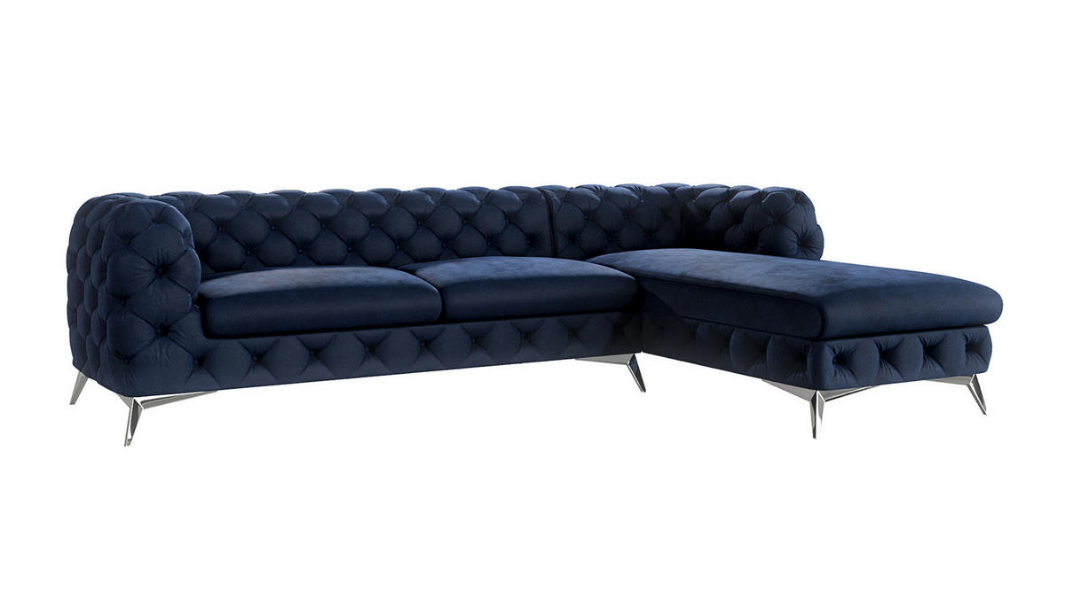 ECKSOFA Chesterfield Laura Marineblau Samt - Silberfarben/Dunkelblau, Holz/Textil (305/200cm) - S-Style Möbel