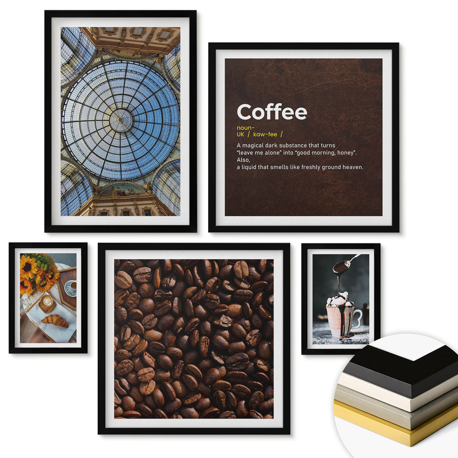WANDBILDER 5er-Set - 50x50 cm & 20x30 cm & 40x60 cm Schwarzer Rahmen - Italienische Frühstückskaffeebohnen - Schwarz, Kunststoff (40/60cm) - ArtPrintCave