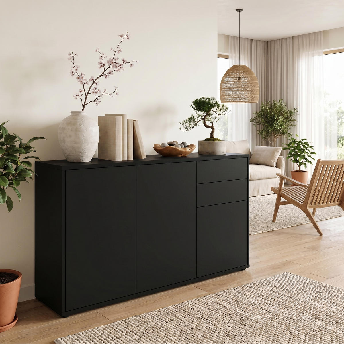 KOMMODE Ben Front in Schwarz matt - Schwarz, Holzwerkstoff (117/74/36cm) - Vladon