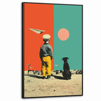 LEINWAND Bilder mit Rahmen - Retro - Junge - Hund - Rot - Grün - 90x140 - Orange, Textil (90/140cm) - MuchoWow
