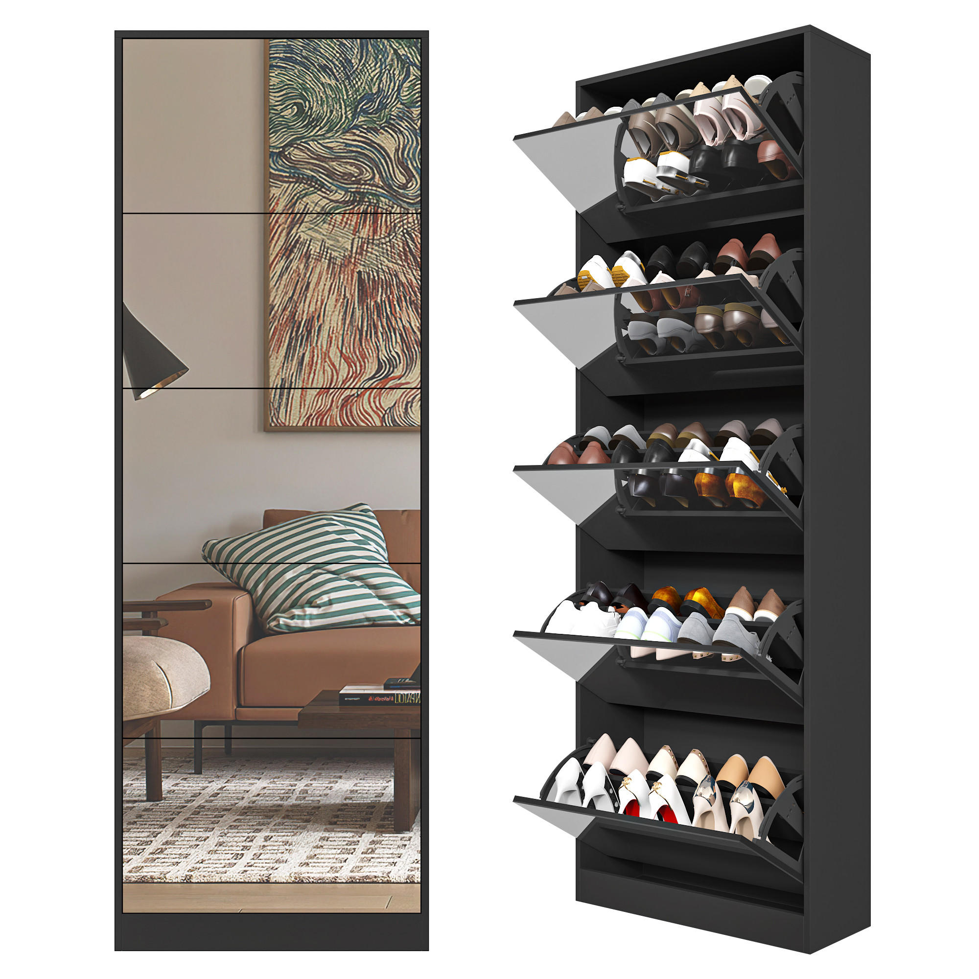 SCHUHSCHRANK Schwarz 63/23,6/185 cm - Schwarz, Holzwerkstoff (63/185/23.6cm) - PANGIVO