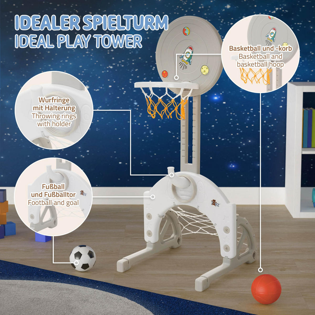 DĚTSKÁ BASKETBALOVÁ KOŠOVÁ SADA 50x89–115x50 cm z plastu, šedá-bílá - šedá, plast (50/50cm) - Joyz