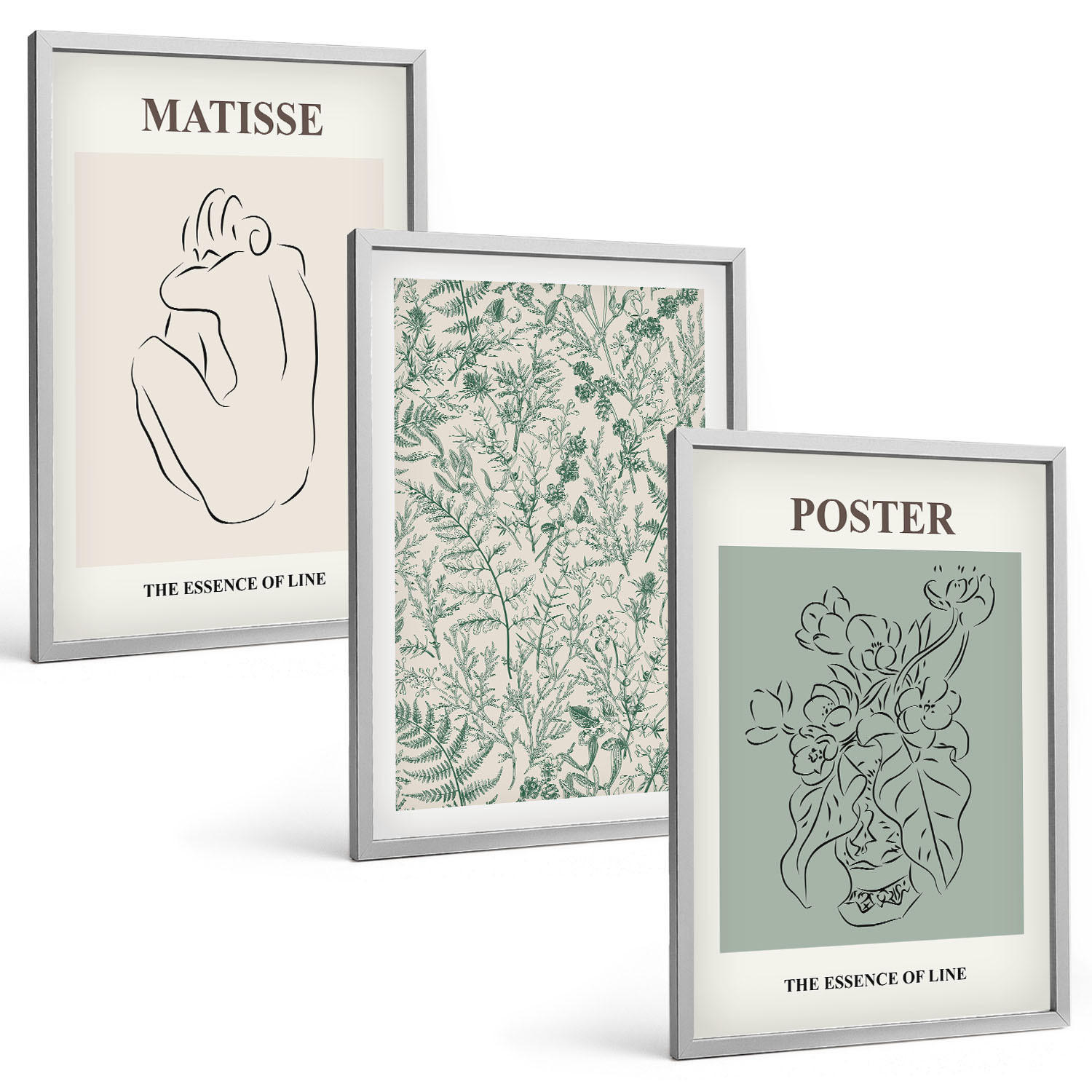 BILDER SET 3er Set - 40x60 cm Silberner Rahmen - Linien, Pflanzenmuster, Minimalismus - Silberfarben, Kunststoff (40/60cm) - TULUP