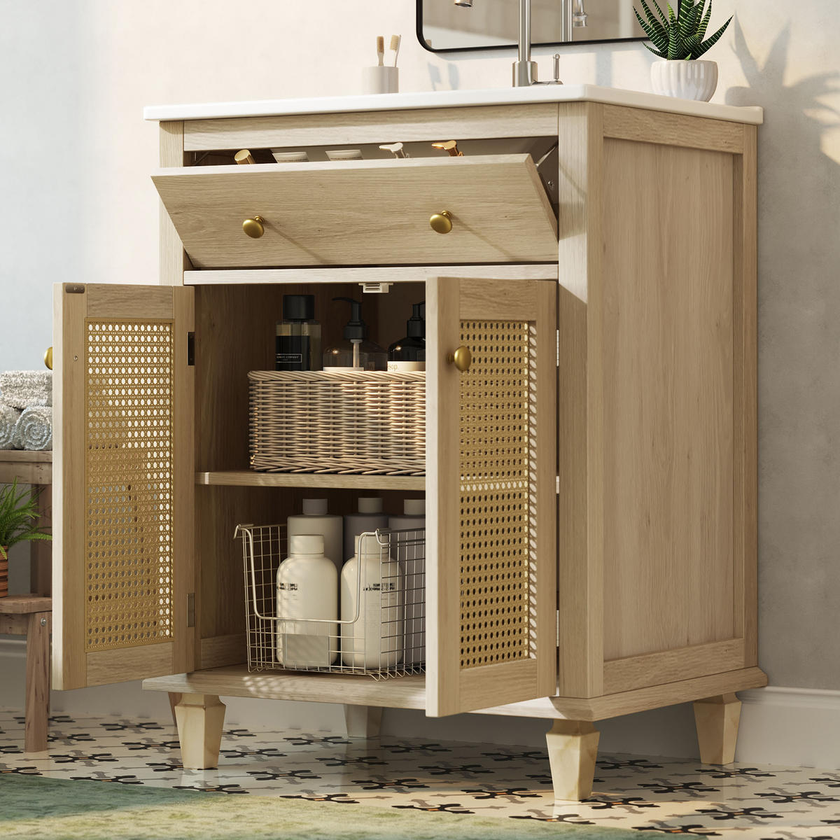 BADEZIMMERSCHRANK Rattan Türen Klappschublade Verstellbare Böden 61cm - Naturfarben, Keramik (61/87/47cm) - FLIEKS