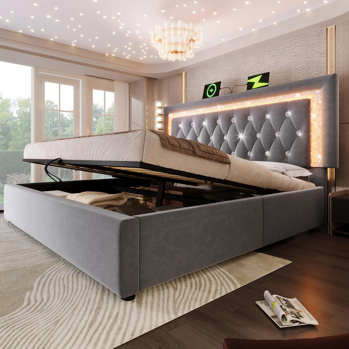 POLSTERBETT 140/200 cm mit LED-Beleuchtung, USB- und Type-C-Anschluss, Bettkasten und Matratze, Grau - Grau, Textil (140/200cm) - Redom