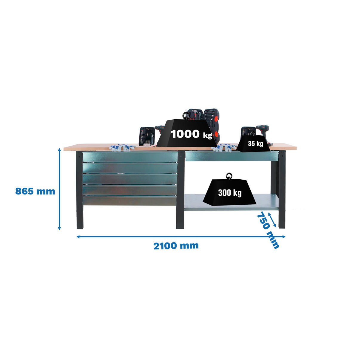 WERKBANK Buffalo Wood mit 6x Schublade HxBxT 86,5 x 210 x 75 cm Traglast 1000 kg Anthrazit - Anthrazit, Metall (210/86.5/75cm) - PROREGAL