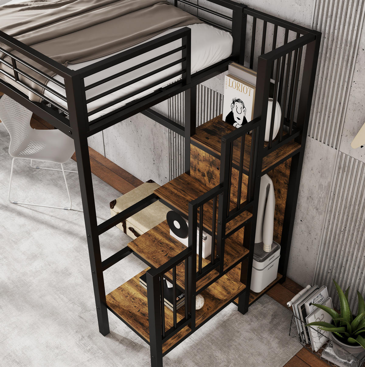 VYSOKÁ postel 90/200 cm černá a tmavý ořech se stolem a šatní skříní z kovu a MDF - černá, kompozitní dřevo (90/200cm) - OKWISH