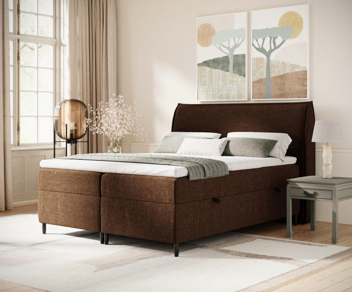 BOXBETT 180/200 cm Corvus, in Braun, Matratze, Topper, Bettkasten, H3 = fest - Schwarz/Braun, Holz/Holzwerkstoff (180/200cm) - Maison de Reve