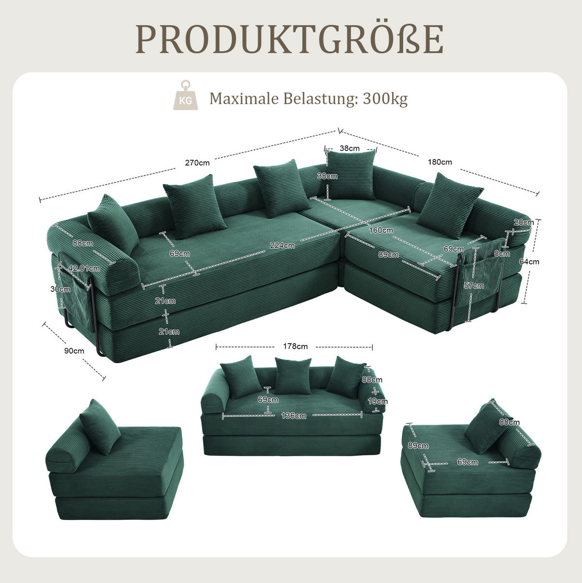 MODULARES Sofa 270/180/64 cm aus Cord mit Schlaffunktion und Seitentasche Smaragdgrün - Smaragdgrün, Textil (180/64/270cm) - Modenvie
