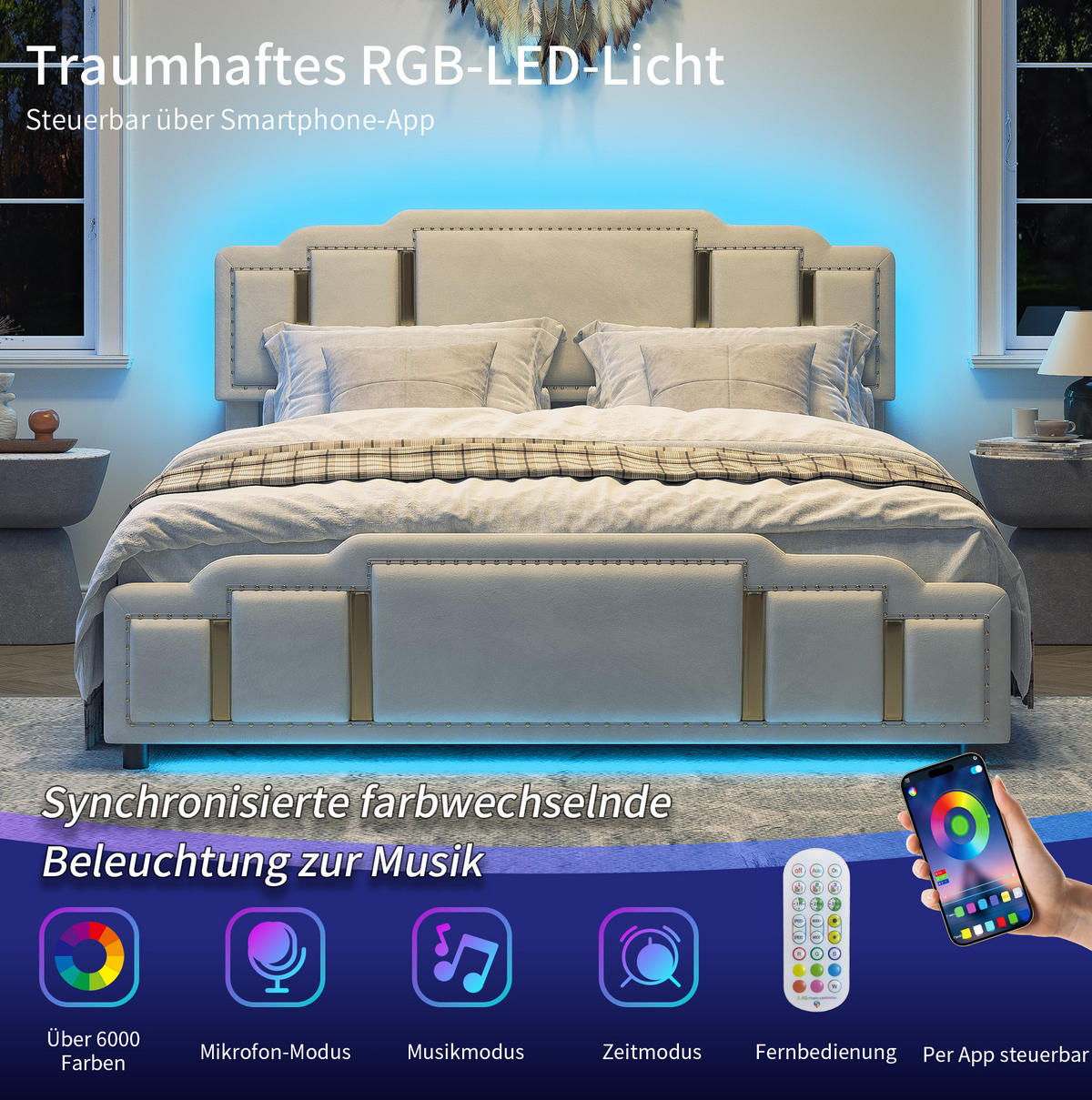 POLSTERBETT 140/200 cm aus Samt mit LED-Beleuchtung und 4 Schubladen Beige - Beige, Textil (140/200cm) - Modenvie