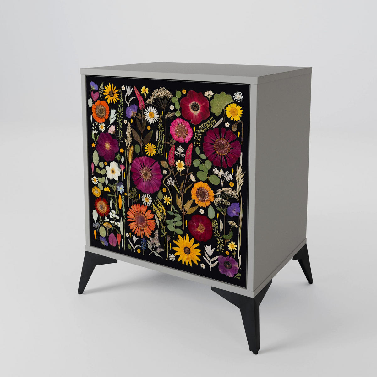 SIDEBOARD MIDNIGHT GARDEN, Grau, 57,5x42x72,5 cm, Schwarze Metallfüße - Multicolor/Schwarz, Holzwerkstoff/Metall (57.5/72.5/42cm) - SpaceRebels