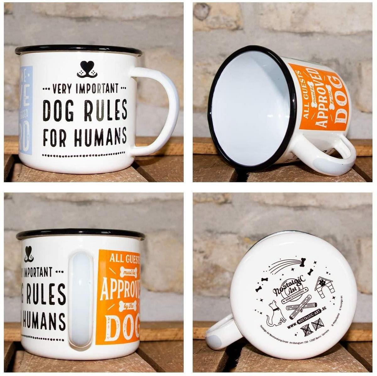 EMAILLE-BECHER 360 ml Pfotenschild Dog Rules - Hellrot/Weiß, Metall (0.36L) - Nostalgic-Art