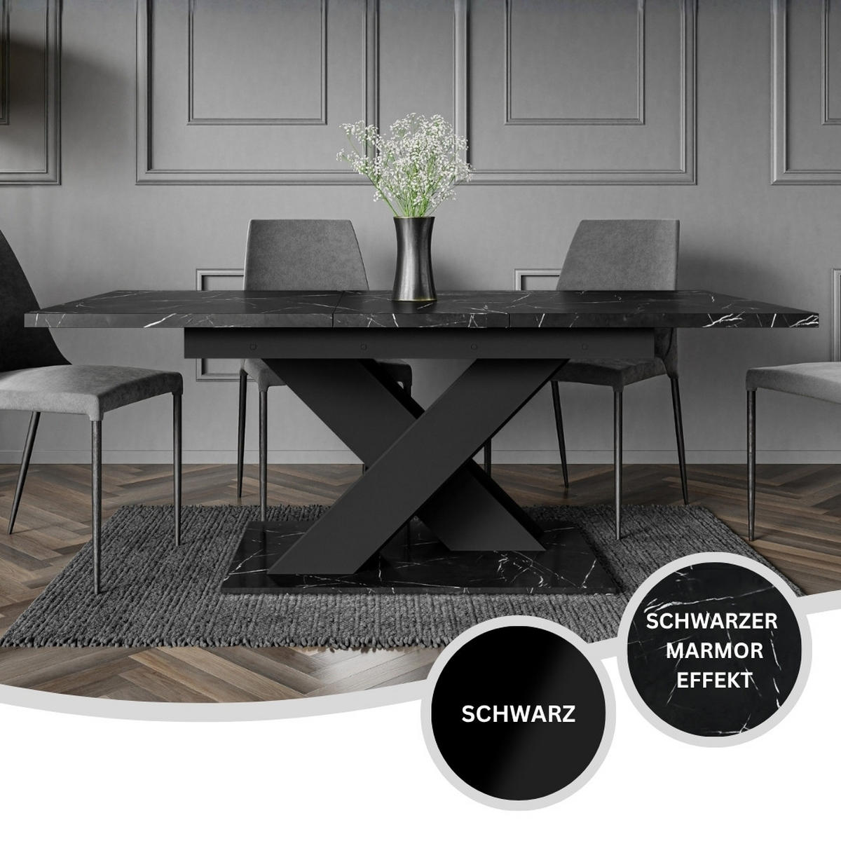 ESSTISCH Royal Schwarz Marmoptik Ausziehbar 140 - 180 cm - Schwarz, Holzwerkstoff (140/80/75cm) - PROSPERO