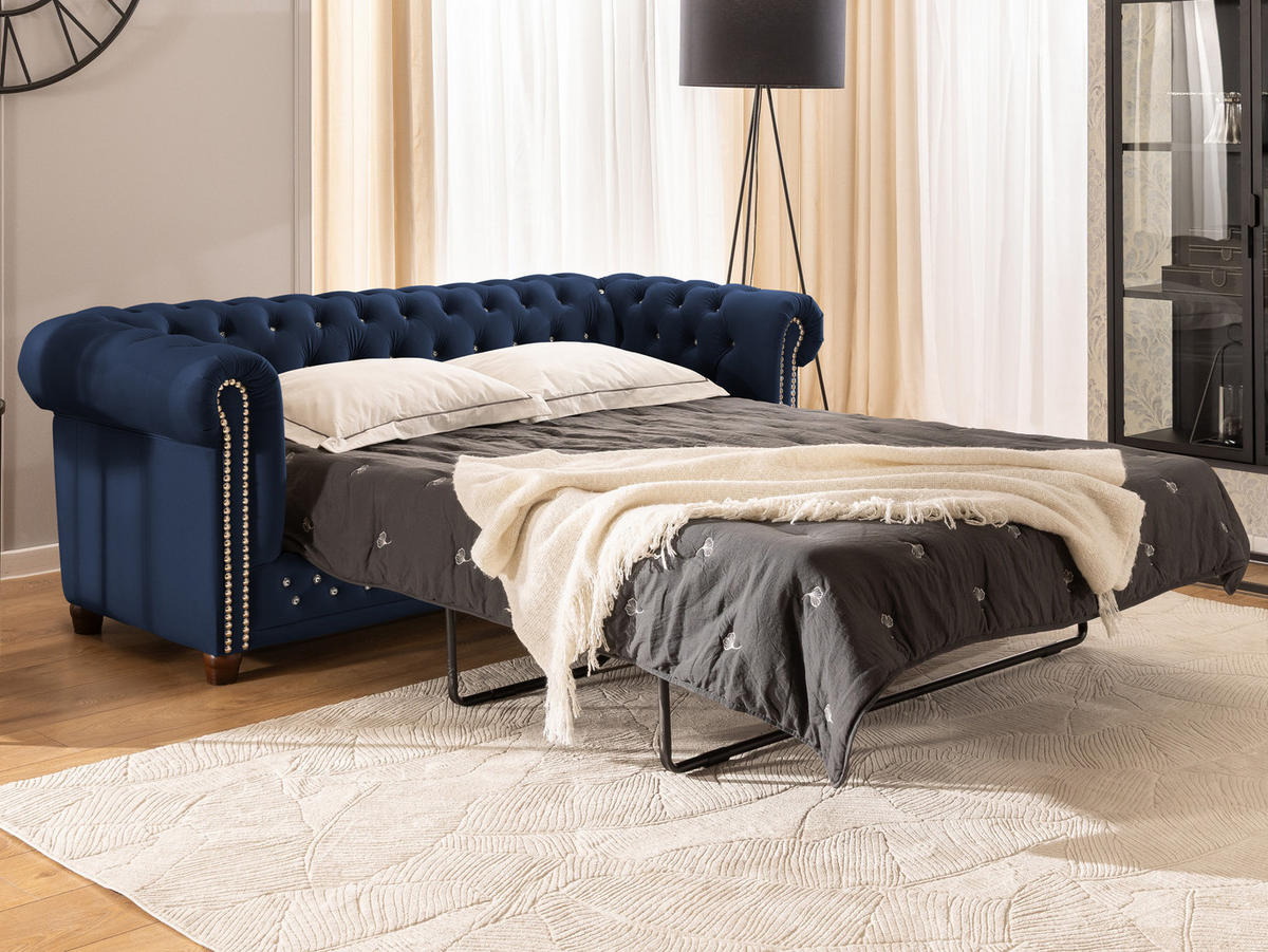 CHESTERFIELD-SOFA 3-Sitzer mit Schlaffunktion Cleo Blink Marineblau Samt mit Kristallsteppung und braunen Massivholzfüßen - Blau/Braun, Holz/Textil (203/72/86cm) - S-Style Möbel