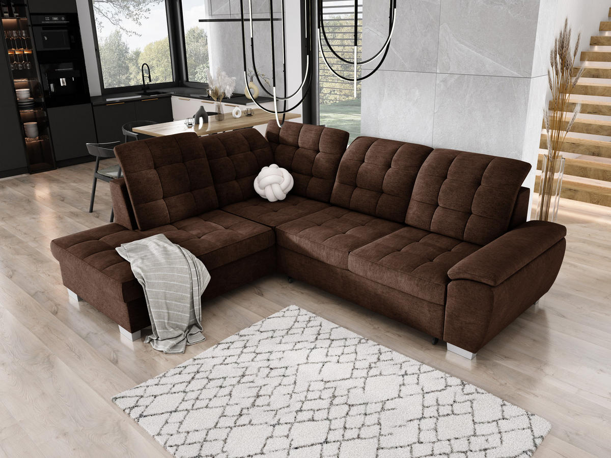 ECKSOFA LOTTA L-förmig Bettkasten verstellbare Kopfstützen hochwertige Verarbeitung lose Rückenkissen freistehend LINKS 212x258x106 cm Brown - Braun, Holz/Textil (212/258cm) - DomoHome