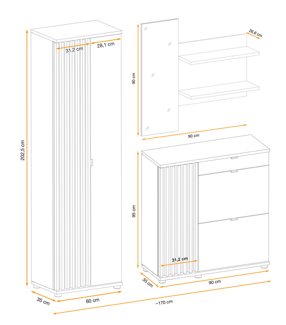 GARDEROBE Set 3-teilig Eiche Jackson, schwarz 170 cm, Garderobenkombination mit 3D-Lamellen - Eichefarben/Schwarz, Holzwerkstoff/Kunststoff (160/202/35cm) - Furn.Design