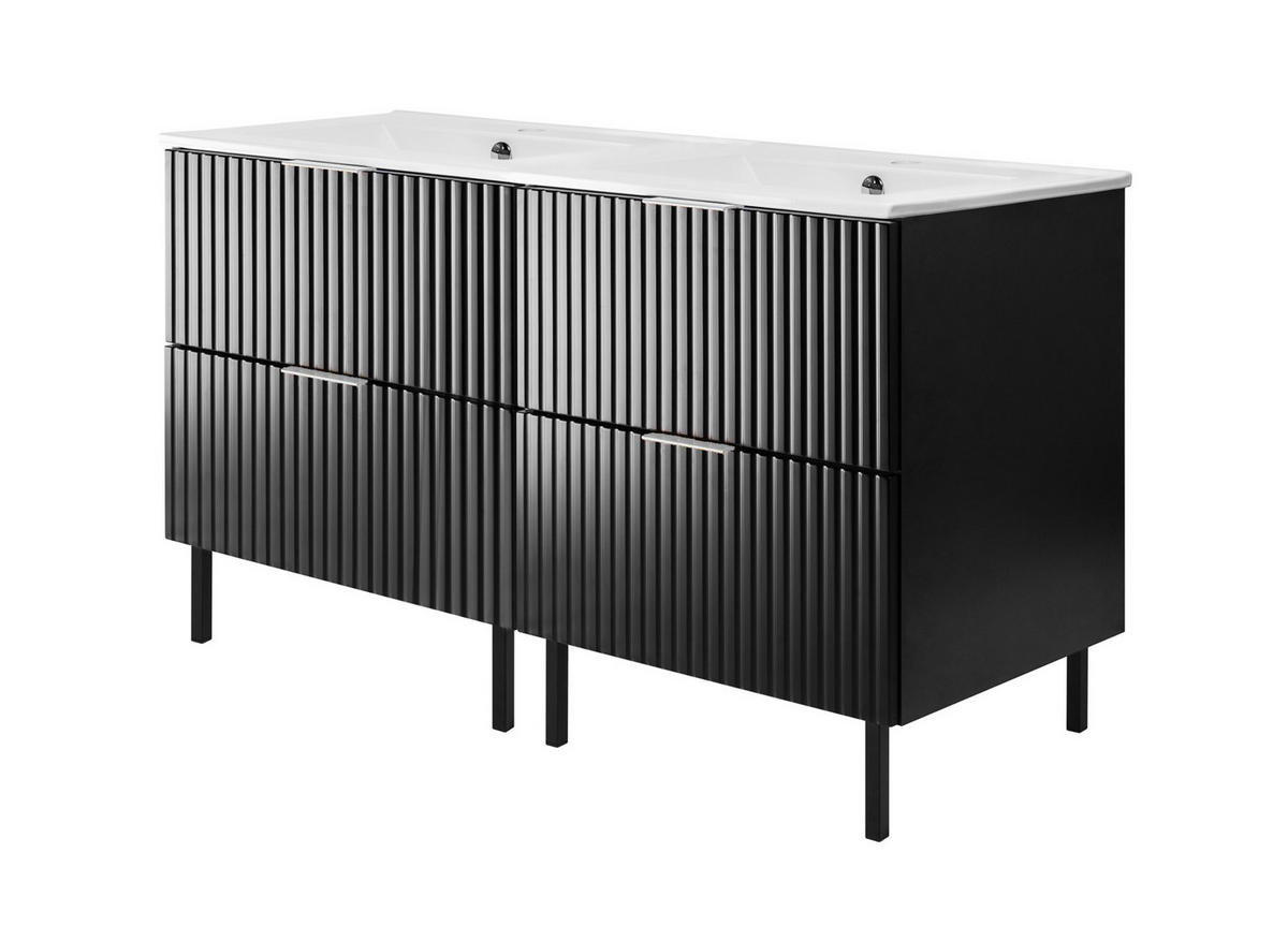 WASCHBECKUNTERSCHRANK, Schwarz, 120 (2 x 60) x 77 x 46 cm, silberner Griff, schwarze Beine, ohne Arbeitsplatte - Silberfarben/Schwarz, Holzwerkstoff (120/77/46cm) - 3XE LIVING