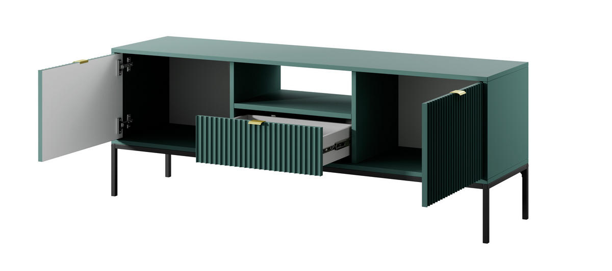 LOWBOARD Eternas 2T 1S Grün 154/56/39 cm – schwarze Füße, mit geriffelten Fronten und offener Ablage - Schwarz/Grün, Holzwerkstoff (154/56/39cm) - AX Living