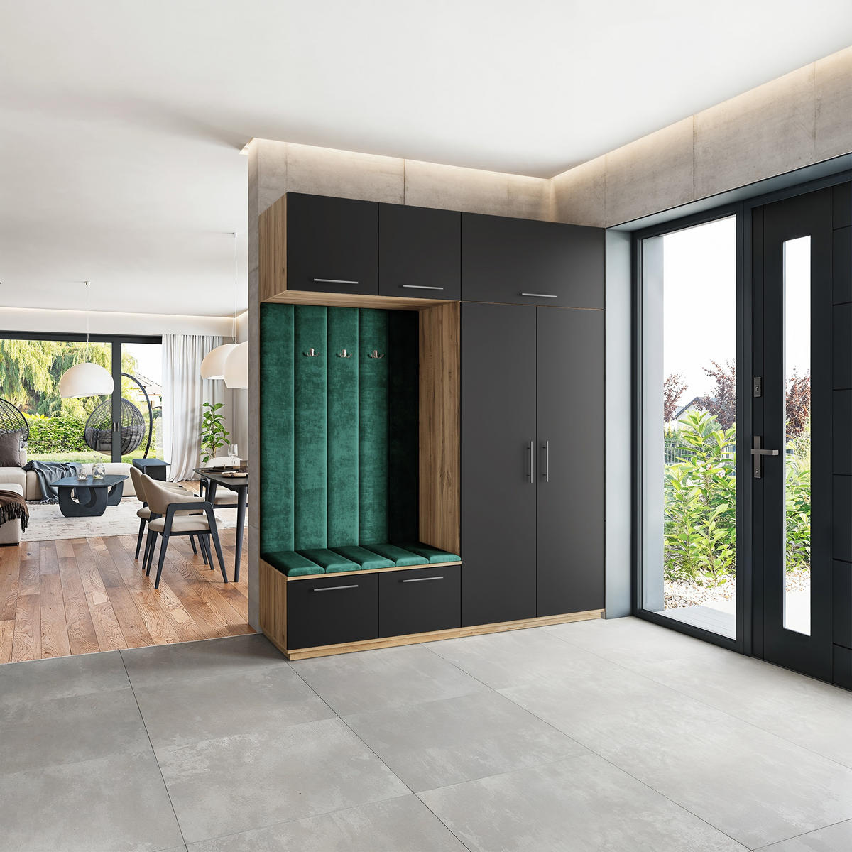 GARDEROBENSCHRANK REMA 200/240/60 cm Modern Garderobe-Set Eiche Wotan - Eiche Wotan/Schwarz, Holzwerkstoff (200/240/60cm) - MASSENO