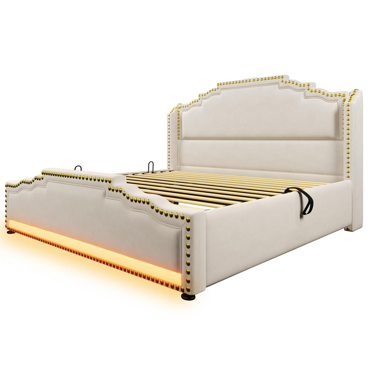 ČALÚNENÁ posteľ 140/200 cm s LED osvetlením, USB a Type-C portami, hydraulickým úložným priestorom z velúru, Béžová - béžová, textil (140/200cm) - Redom