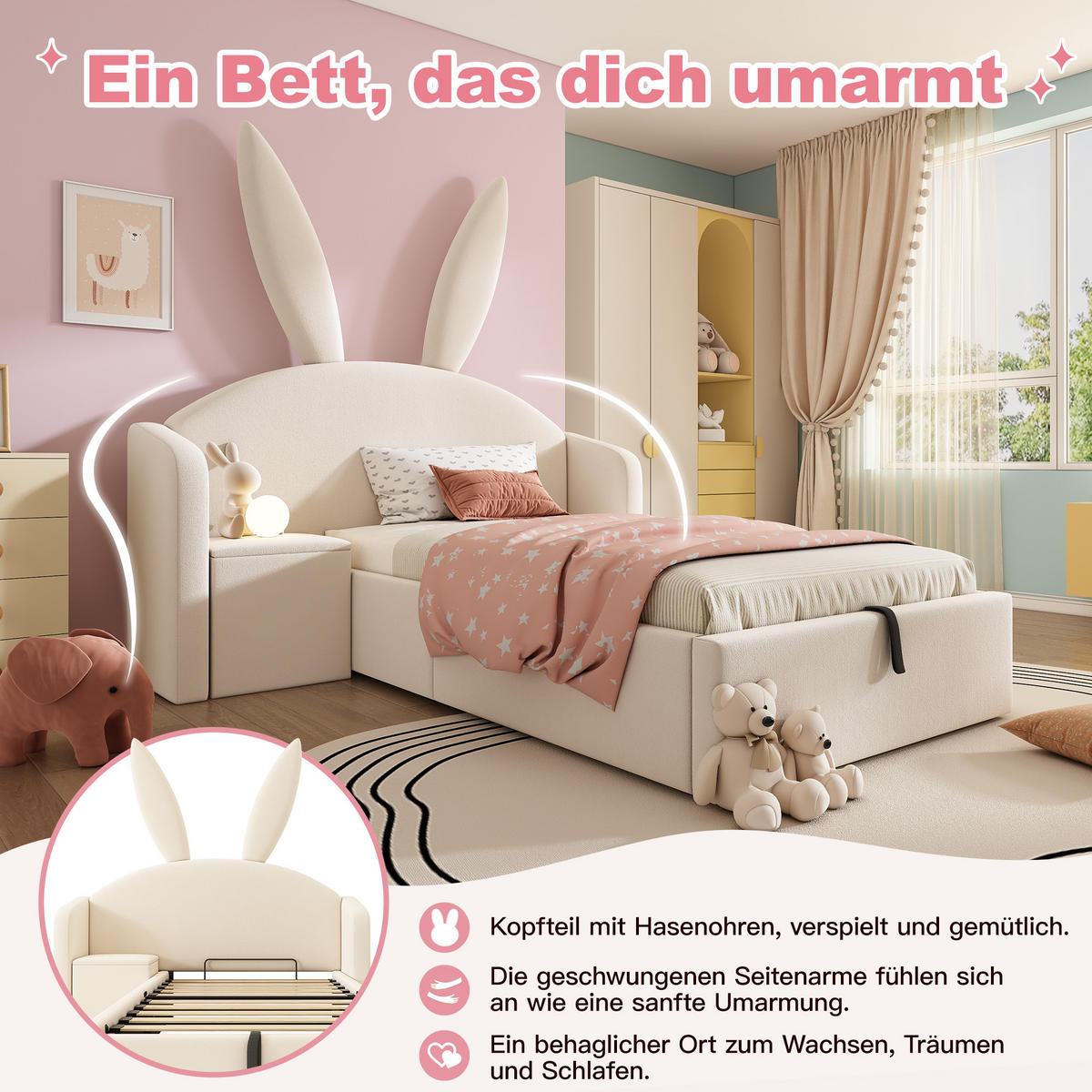 JUGENDBETT 90/200 cm in Beige Samt mit Bettkasten und Nachttisch - Beige, Holzwerkstoff/Textil (90/200cm) - WISHDOR