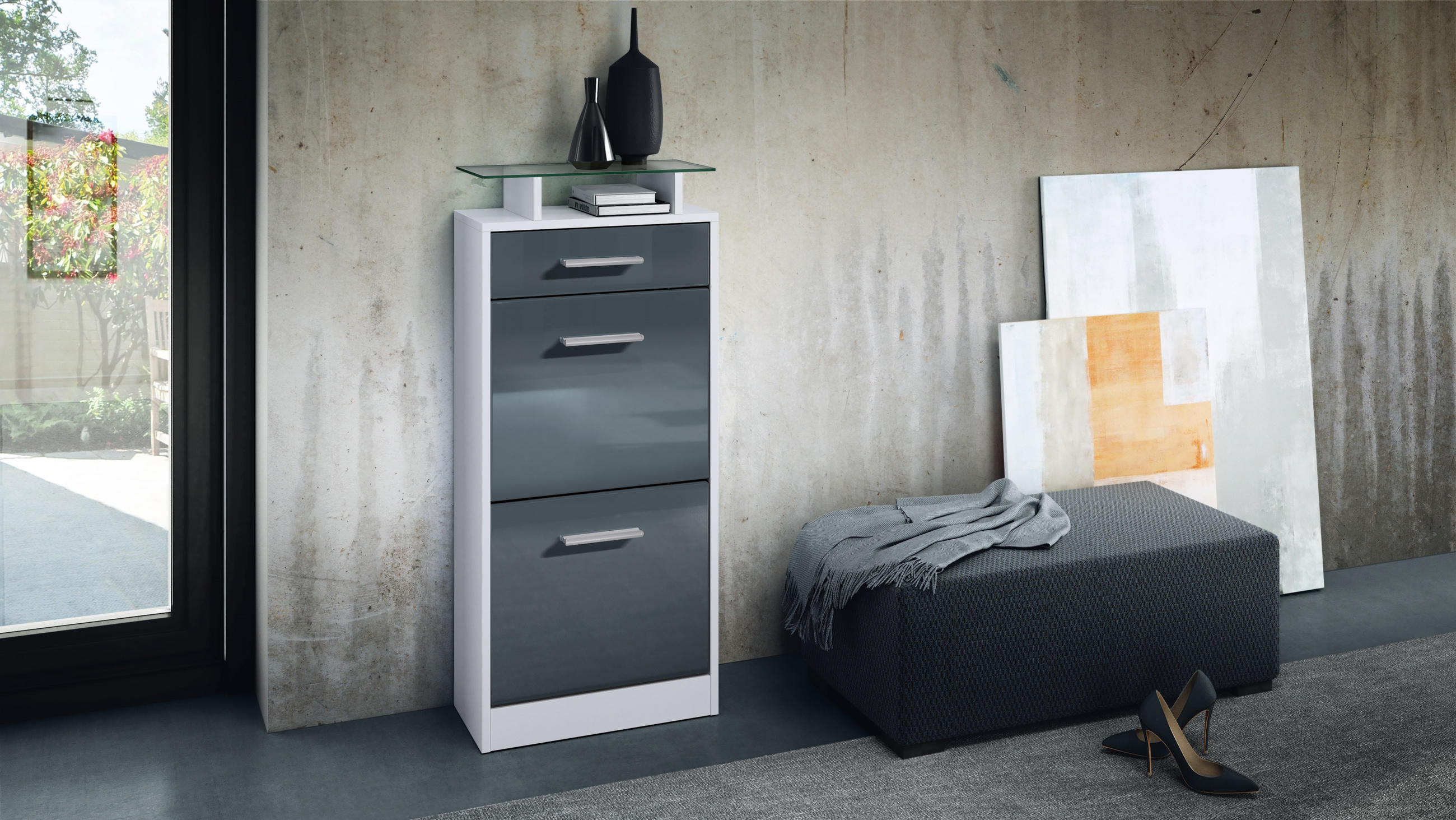 SCHUHSCHRANK Loret Front in Grau Hochglanz - Grau, Holzwerkstoff (46/104/23cm) - Vladon