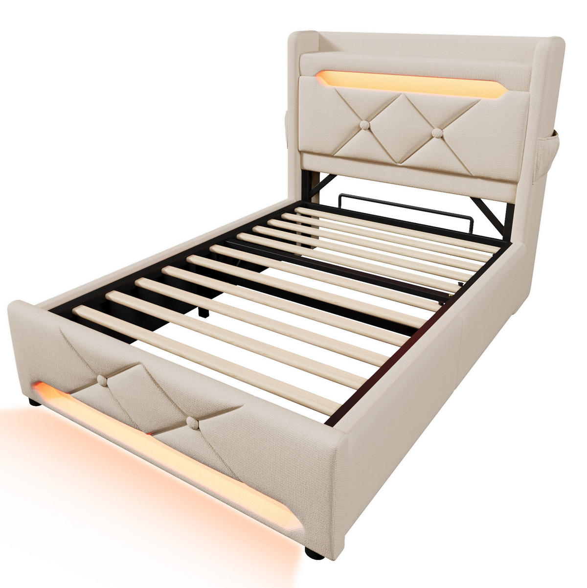 BETT mit LED, USB und Stauraum 90x200 cm Leinen Beige - Beige, Metall (90/200cm) - Meubliv